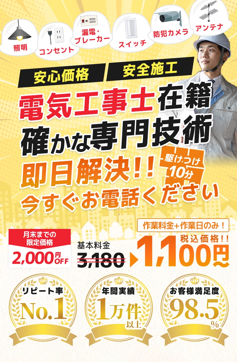 コンセント、スイッチ、照明、ブレーカーの対応。WEB限定価格1100円から。関東地域最短20分で駆けつけ。電気工事士対応で安心。施工実績3万件、出張・見積り無料、受付時間24時間365日。